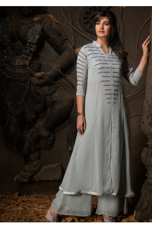 Grey Color Designer Georgette Straight Cut Kurti